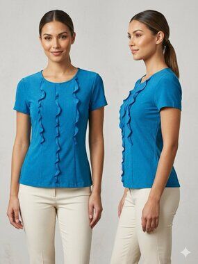 Three Rivers Ruffled Vibrant Blue Short Sleeves Blouse Japan Made - Size Medium